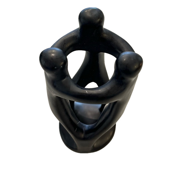 Black Soapstone Unity Sculpture 3 People Family Embracing Circle Hand Carved - Picture 1 of 12